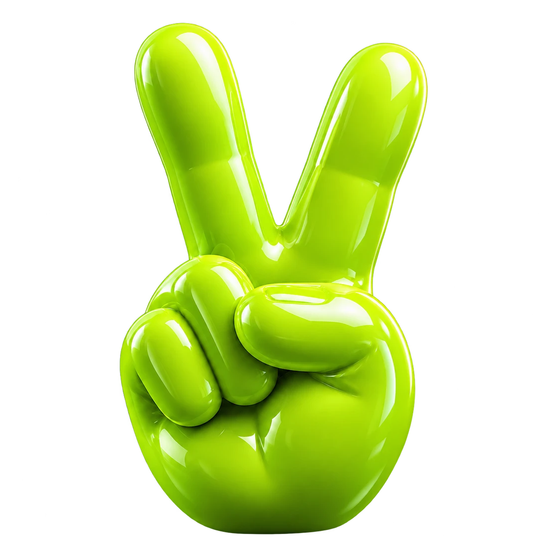 A playful lime-green sculpture of a hand making a peace sign