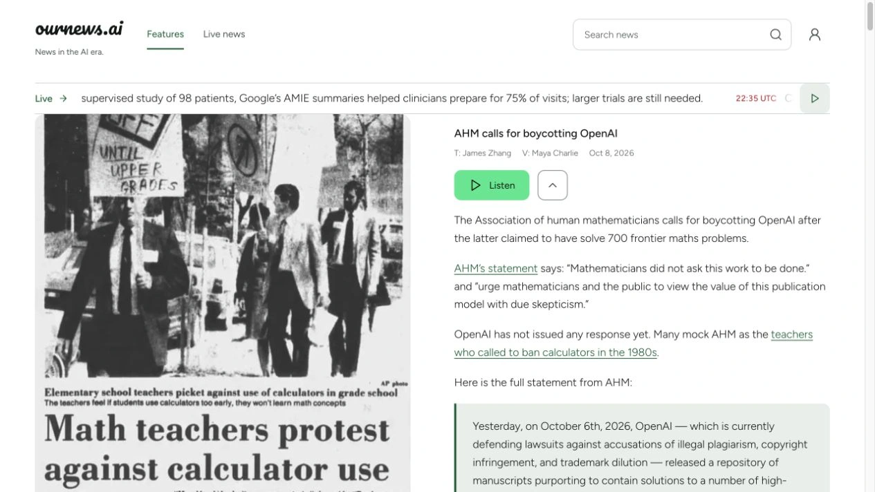 OurNews Features page, with the real masthead, featured story and audio narration controls
